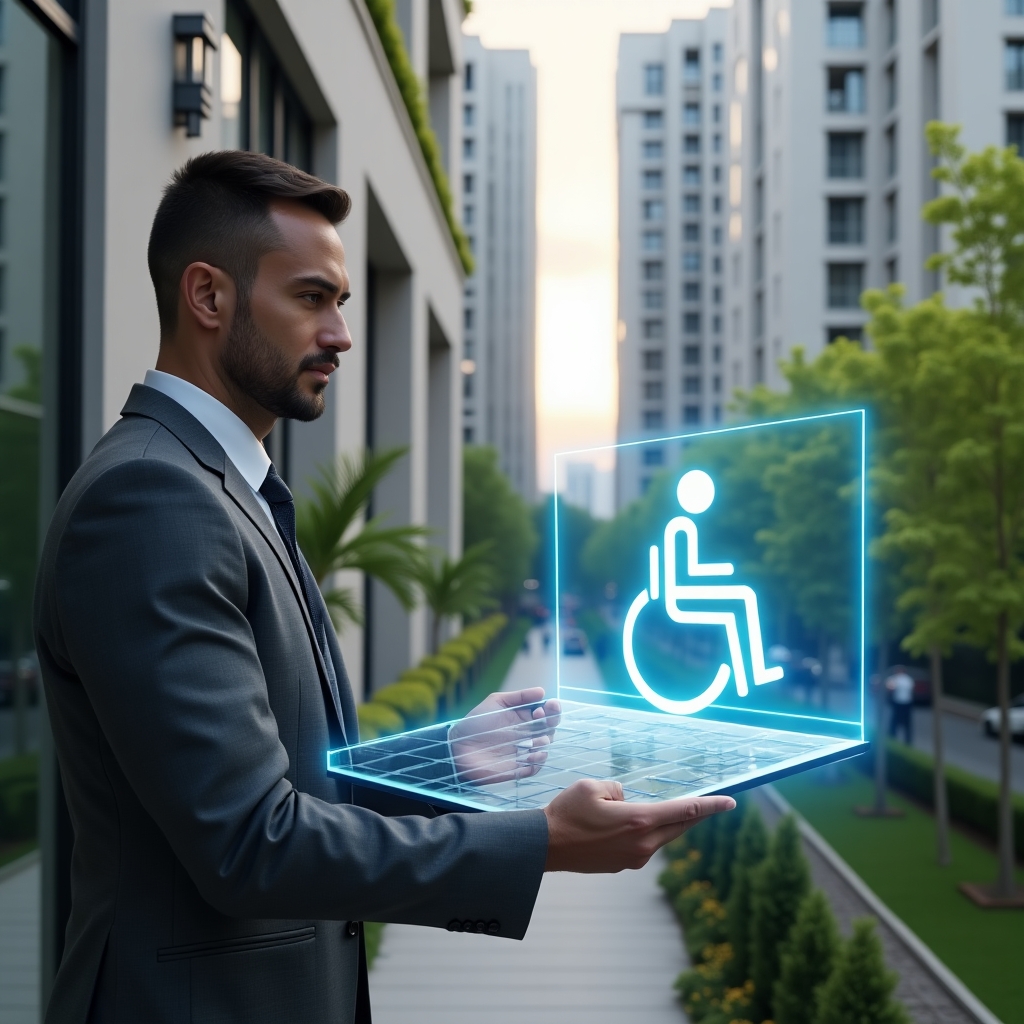 (Ultra-realistic condominium manager in a charcoal gray suit, set in a modern luxury condominium environment with high-rise buildings and green landscaping, inspecting a holographic ramp design with a confident and focused expression, wheelchair accessibility symbol hologram floating beside them, cinematic lighting, shallow depth of field, highly detailed textures, realistic skin, photographic realism, 8k resolution --ar 1:1 --v 6)