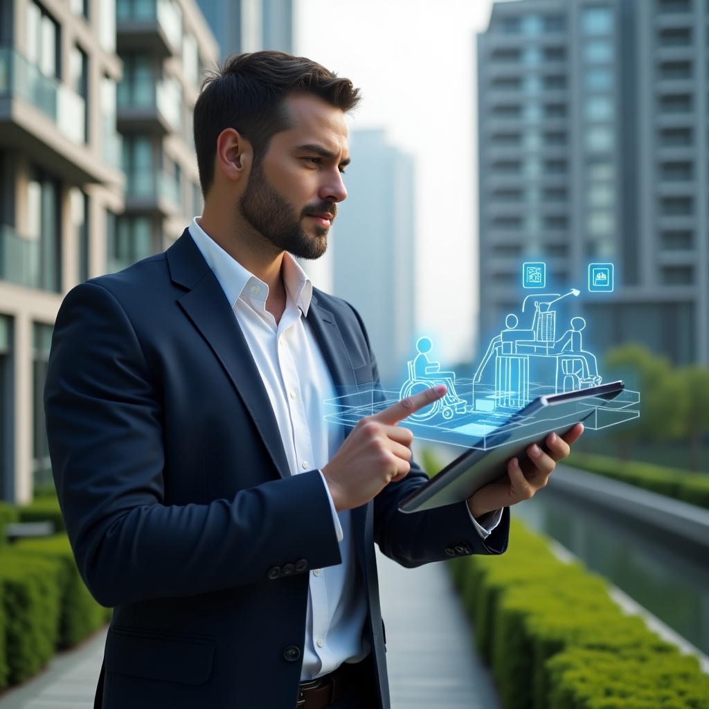 Ultra-realistic property manager in a navy suit with a crisp white shirt, set in a modern luxury condominium environment with high-rise buildings and manicured green landscaping, holding a tablet displaying a 3D holographic ramp and elevator accessibility interface, confidently pointing at the screen, floating wheelchair and smartphone app icons, cinematic lighting, shallow depth of field, highly detailed textures, realistic skin, photographic realism, 8k resolution --ar 1:1 --v 6