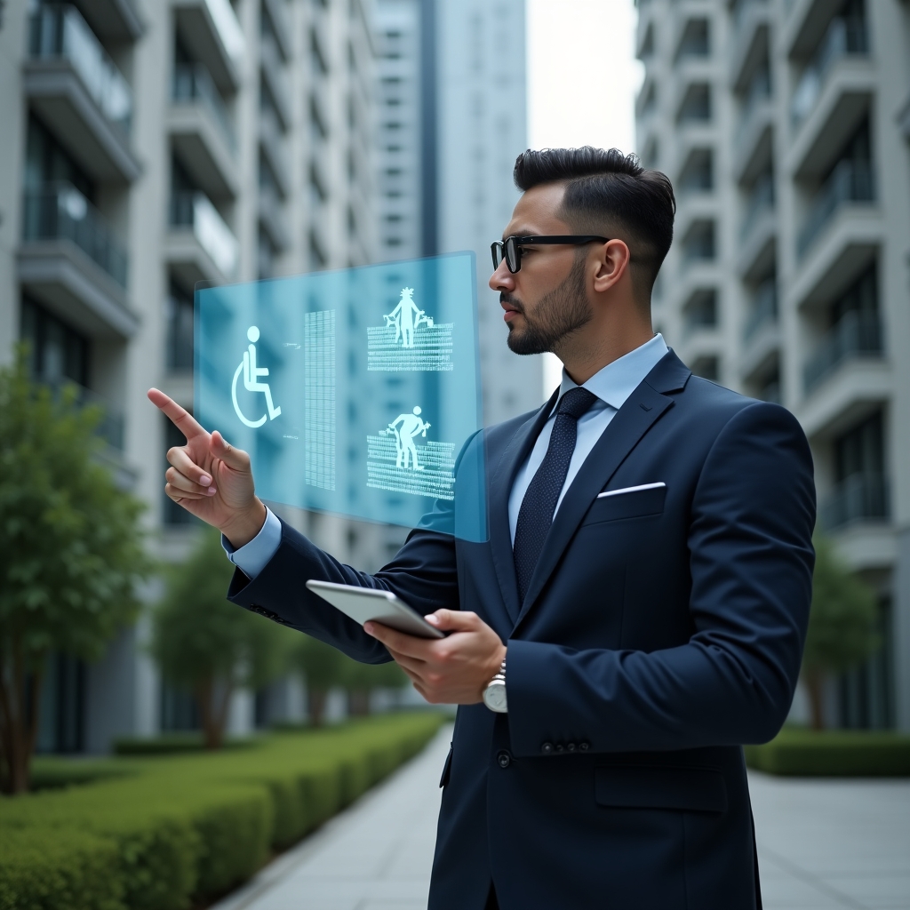 (Ultra-realistic condominium manager in a navy blue suit, set in a modern luxury condominium environment with high-rise buildings and green landscaping, confidently pointing at a holographic display of accessibility icons—wheelchair ramp, braille elevator buttons, tactile paving—while holding a tablet, cinematic lighting, shallow depth of field, highly detailed textures, realistic skin, photographic realism, 8k resolution --ar 1:1 --v 6)