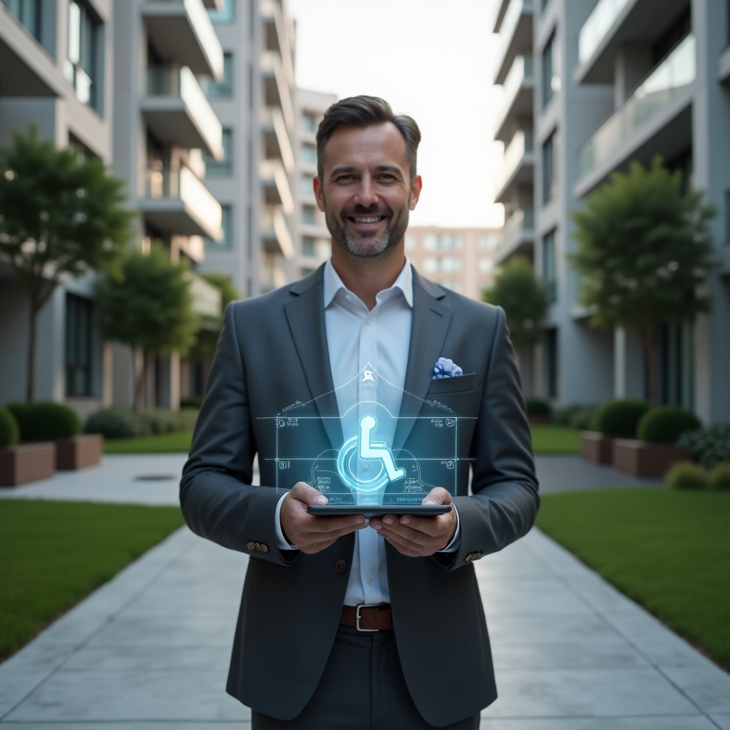 Ultra-realistic condominium manager in a charcoal gray suit, set in a modern luxury condominium environment with high-rise buildings and manicured green landscaping, medium shot of a confident professional holding a tablet displaying holographic accessibility symbols (ramp icon, Braille dots, tactile paving), cinematic lighting, shallow depth of field, highly detailed textures, realistic skin, photographic realism, 8k resolution --ar 1:1 --v 6