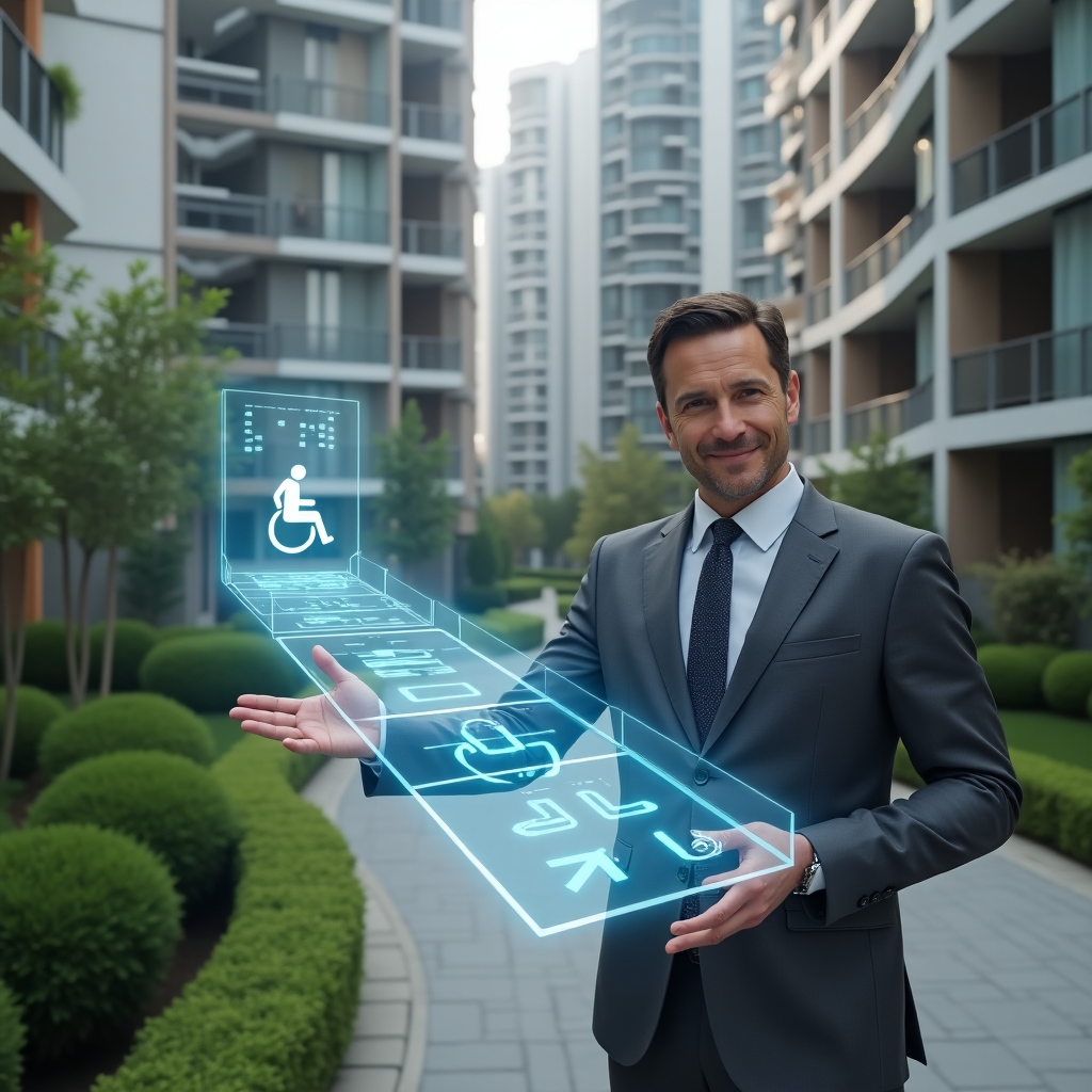 (Ultra-realistic condominium manager in a charcoal gray suit, set in a modern luxury condominium environment with high-rise buildings and manicured green landscaping, gesturing confidently toward a holographic ramp and accessibility icons floating before him, a wheelchair symbol and braille signage hologram beside his hand, cinematic lighting, shallow depth of field, highly detailed textures, realistic skin, photographic realism, 8k resolution --ar 1:1 --v 6)