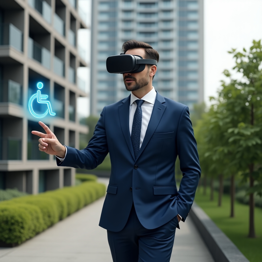 (Ultra-realistic condominium manager in a navy blue tailored suit, set in a modern luxury condominium environment with high-rise buildings and manicured green landscaping, mid shot close-up, guiding a wheelchair user up an accessibility ramp while pointing to a floating holographic wheelchair icon, confident and inspiring expression, cinematic lighting, shallow depth of field, highly detailed textures, realistic skin, photographic realism, 8k resolution --ar 1:1 --v 6)