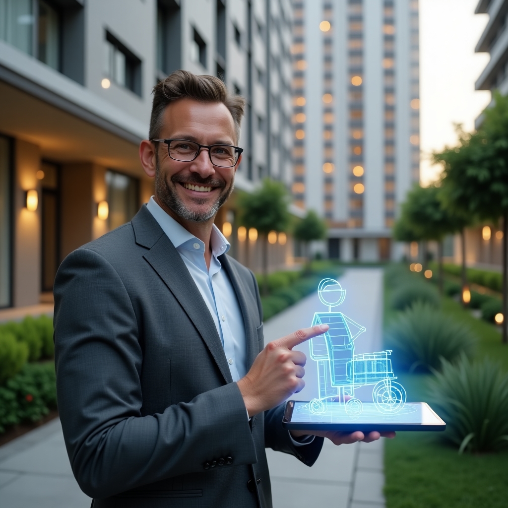 Ultra-realistic condominium manager in a charcoal gray tailored suit, set in a modern luxury condominium environment with high-rise buildings and manicured green landscaping, holding a tablet projecting a holographic ramp design and floating wheelchair accessibility icon, confidently smiling and pointing at the digital blueprint, cinematic lighting, shallow depth of field, highly detailed textures, realistic skin, photographic realism, 8k resolution --ar 1:1 --v 6
