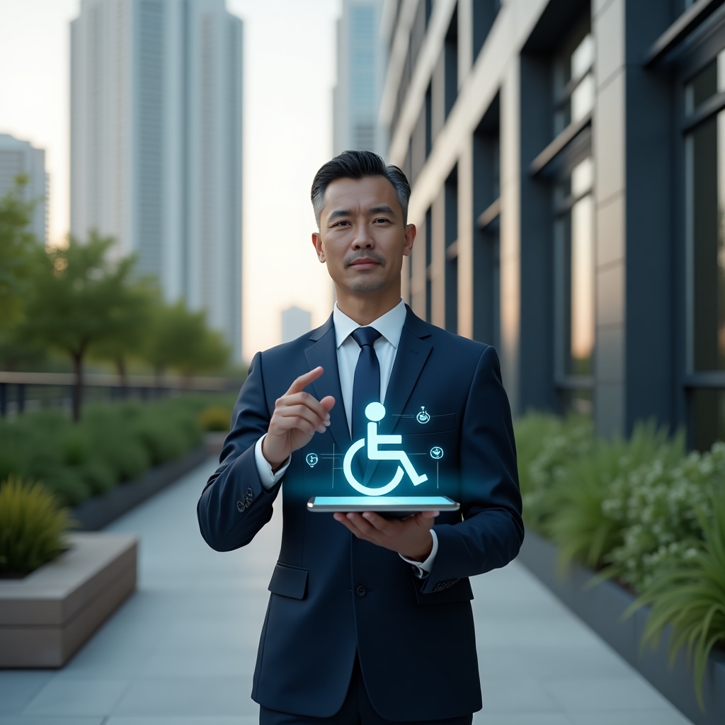 (Ultra-realistic condominium manager in a sleek navy business suit, set in a modern luxury condominium environment with high-rise buildings and lush green landscaping, standing beside a wheelchair ramp and holding a tablet displaying holographic accessibility icons, touching a floating 3D universal access symbol, confident and thoughtful expression, cinematic lighting, shallow depth of field, highly detailed textures, realistic skin, photographic realism, 8k resolution --ar 1:1 --v 6)