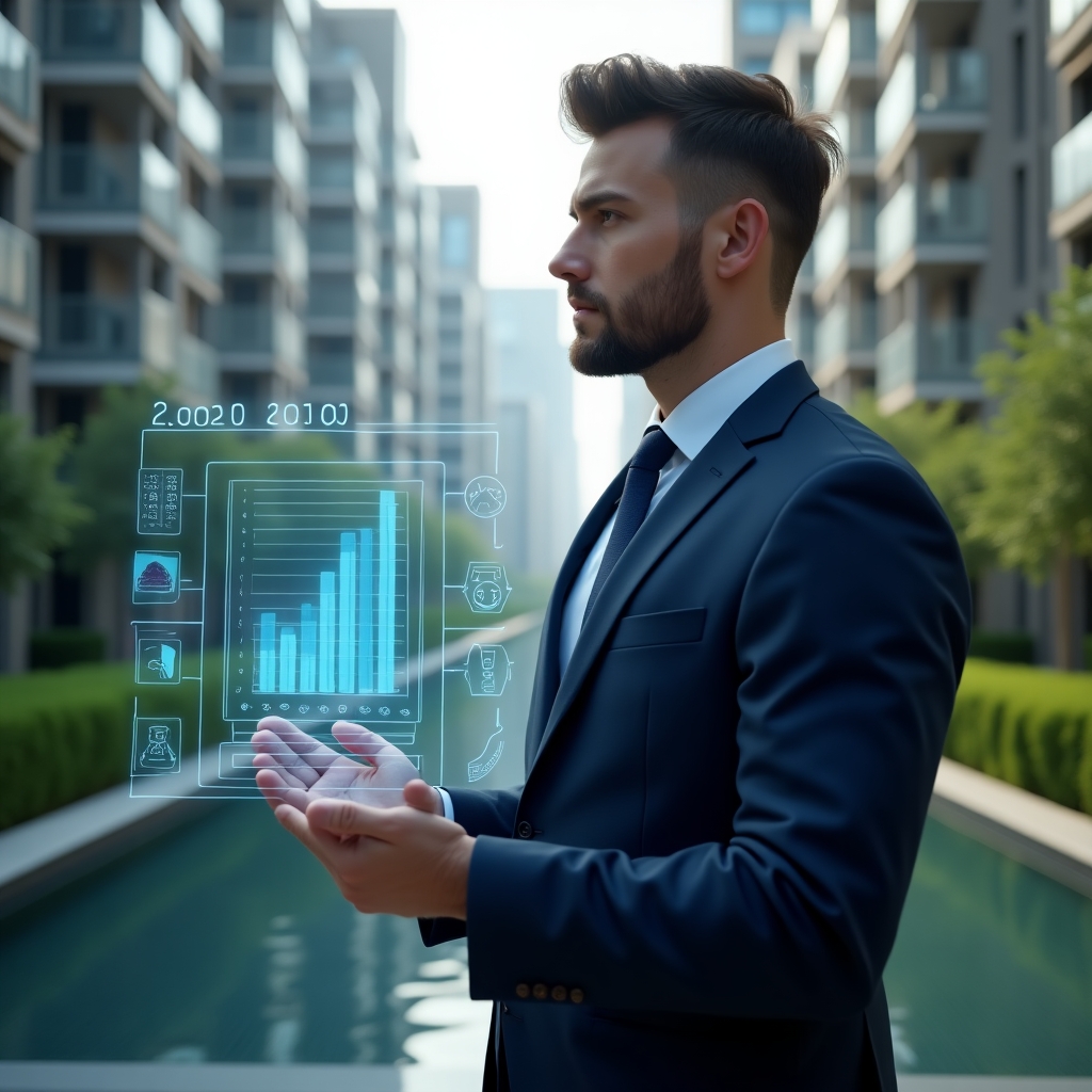 Ultra-realistic condominium manager in a navy blue tailored suit, set in a modern luxury condominium environment with high-rise buildings and manicured green landscaping, confidently analyzing a transparent holographic dashboard displaying financial charts and communication icons, cinematic lighting, shallow depth of field, highly detailed textures, realistic skin, photographic realism, 8k resolution --ar 1:1 --v 6
