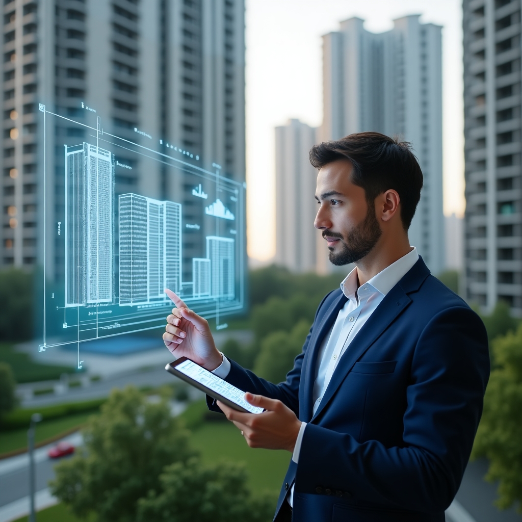 (Ultra-realistic condominium manager in a navy blue executive suit, set in a modern luxury condominium environment with high-rise buildings and green landscaping, reviewing digital building plans on a transparent holographic display while holding a tablet with scheduling charts, confident and proactive expression, cinematic lighting, shallow depth of field, highly detailed textures, realistic skin, photographic realism, 8k resolution --ar 1:1 --v 6)