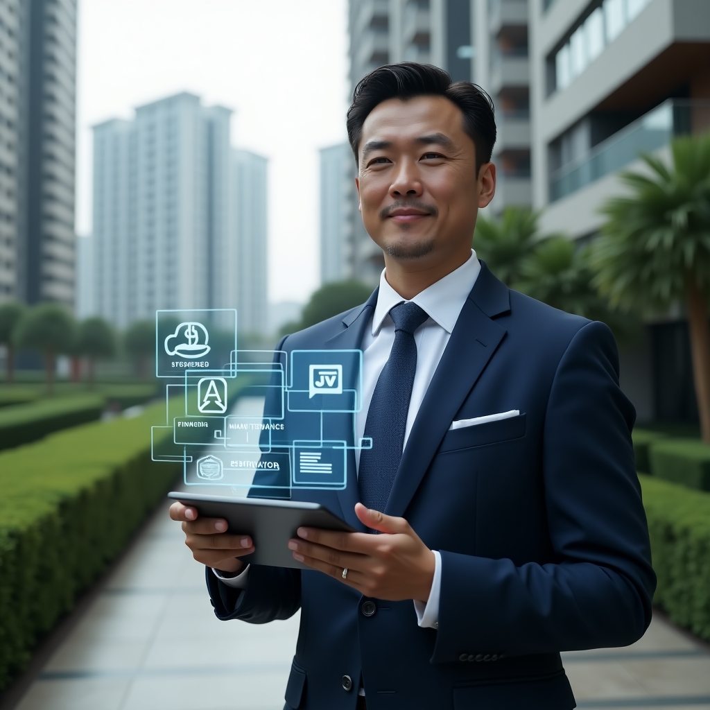 (Ultra-realistic condominium manager in a navy blue executive suit, set in a modern luxury condominium environment with high-rise buildings and manicured green gardens, mid-shot of a confident professional holding a tablet displaying a holographic building maintenance dashboard with floating icons for finance, chat and reservation, cinematic lighting, shallow depth of field, highly detailed textures, realistic skin, photographic realism, 8k resolution --ar 1:1 --v 6)