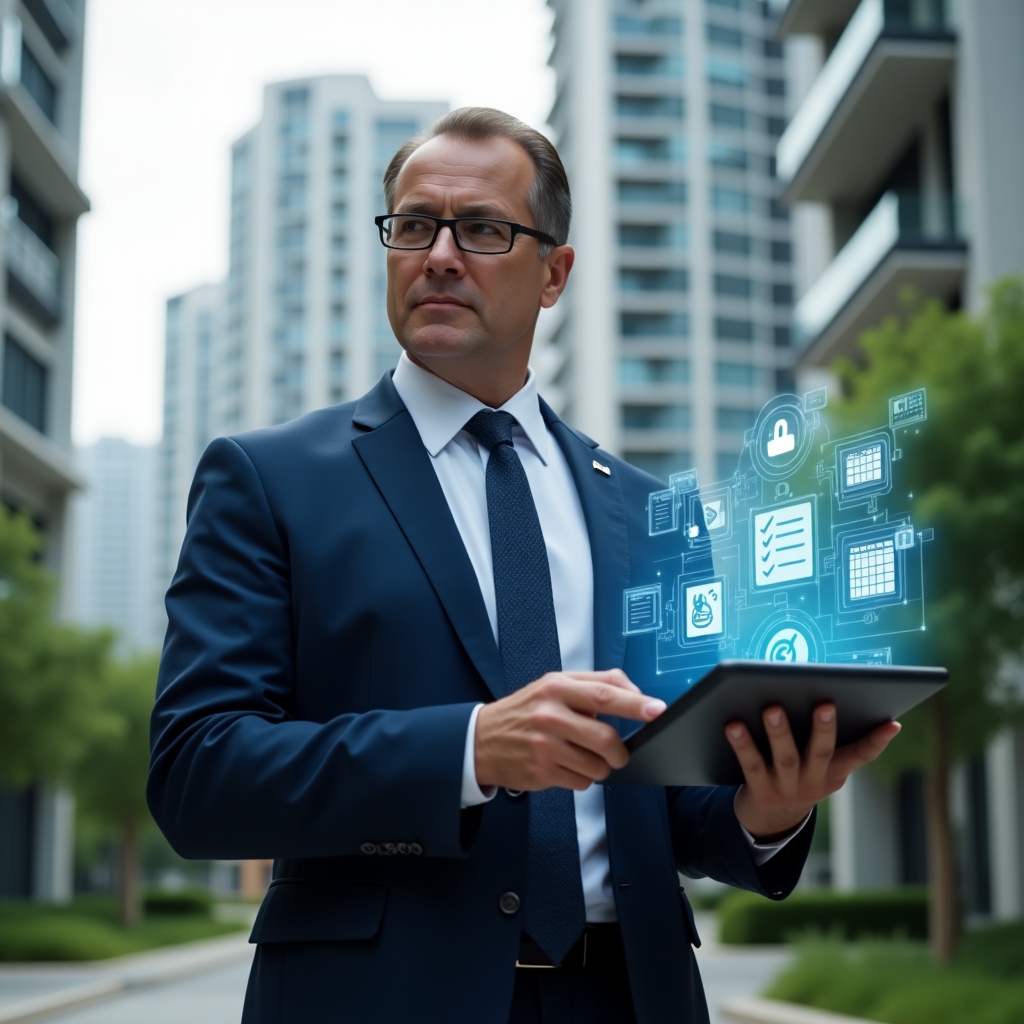 Ultra-realistic condominium manager in a navy blue suit, set in a modern luxury condominium environment with high-rise buildings and manicured green landscaping, holding a digital tablet displaying holographic checklists and financial charts, surrounded by floating icons of security locks, maintenance tools and reservation calendars, confident thoughtful expression, cinematic lighting, shallow depth of field, highly detailed textures, realistic skin, photographic realism, 8k resolution --ar 1:1 --v 6