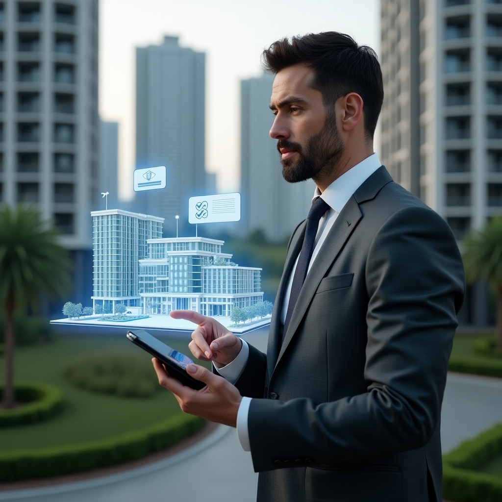 (Ultra-realistic professional building manager in a charcoal gray suit, set in a modern luxury condominium environment with high-rise buildings and manicured green landscaping, medium shot holding a tablet displaying maintenance schedules and communication messages, pointing at a holographic 3D model of the building with floating icons of a security camera, checklist and chat bubble, confident and focused expression, cinematic lighting, shallow depth of field, highly detailed textures, realistic skin, photographic realism, 8k resolution --ar 1:1 --v 6)
