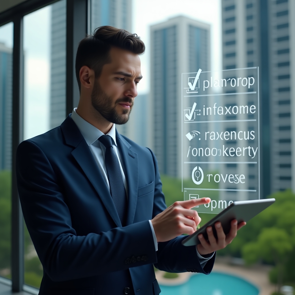 (Ultra-realistic condominium manager in a dark blue executive suit, set in a modern luxury condominium environment with high-rise buildings and lush green landscaping, mid shot reviewing a floating 3D checklist hologram projected from a tablet with icons for planning, maintenance, finances and security, expression confident and focused, cinematic lighting, shallow depth of field, highly detailed textures, realistic skin, photographic realism, 8k resolution --ar 1:1 --v 6)