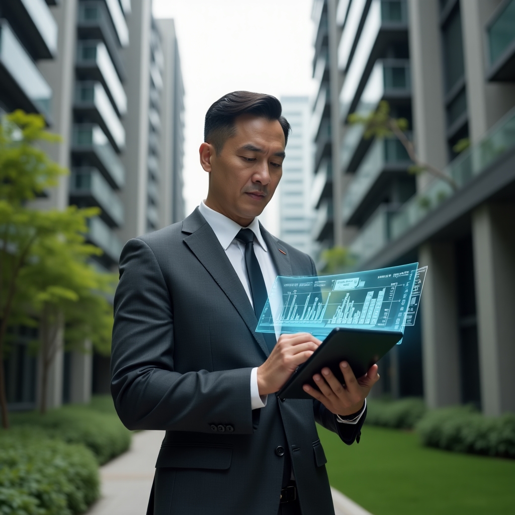 (Ultra-realistic condominium manager in a charcoal grey tailored suit, set in a modern luxury condominium environment with high-rise buildings and lush green landscaping, holding a tablet projecting a holographic dashboard of a condominium management app, confident and thoughtful expression, cinematic lighting, shallow depth of field, highly detailed textures, realistic skin, photographic realism, 8k resolution --ar 1:1 --v 6)