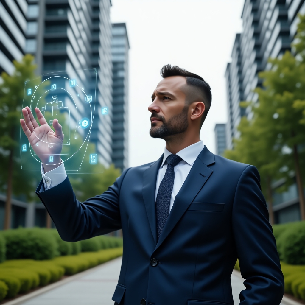 Ultra-realistic property manager in a navy-blue tailored suit, set in a modern luxury condominium environment with high-rise buildings and manicured green landscaping, interacting with a floating holographic interface displaying icons for scheduling, finance, communication and security, confident expression, cinematic lighting, shallow depth of field, highly detailed textures, realistic skin, photographic realism, 8k resolution --ar 1:1 --v 6