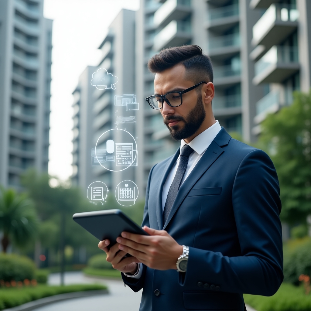 Ultra-realistic condominium manager in a navy blue tailored suit, set in a modern luxury condominium environment with high-rise buildings and lush green landscaping, holding a tablet and interacting with floating holographic icons of chat bubbles, calendar slots and financial charts, confident and focused expression, cinematic lighting, shallow depth of field, highly detailed textures, realistic skin, photographic realism, 8k resolution --ar 1:1 --v 6