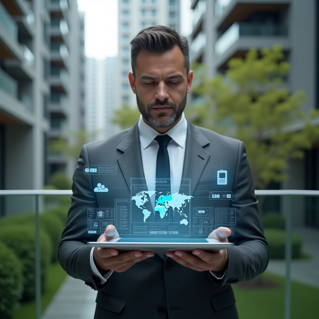 (Ultra-realistic condominium manager in a charcoal gray suit, set in a modern luxury condominium environment with high-rise buildings and lush green landscaping, mid shot with the manager confidently holding a transparent tablet projecting a holographic condominium management dashboard, floating app icons symbolizing streamlined communication and efficient processes, cinematic lighting, shallow depth of field, highly detailed textures, realistic skin, photographic realism, 8k resolution --ar 1:1 --v 6)