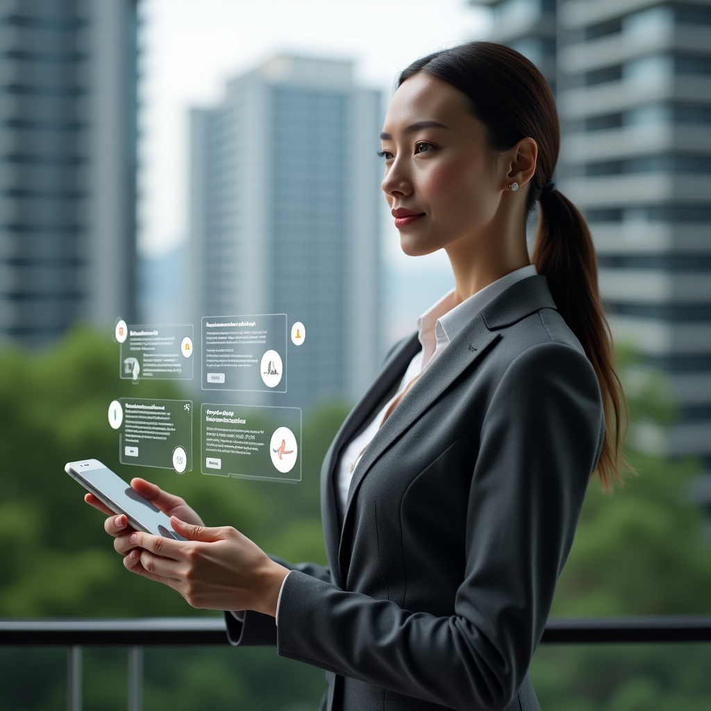 (Ultra-realistic condominium manager in a charcoal-gray tailored suit, set in a modern luxury condominium environment with high-rise buildings and lush green landscaping, medium shot of a confident professional woman interacting with a floating holographic condominium management app interface showing communication chats, financial charts and task icons, cinematic lighting, shallow depth of field, highly detailed textures, realistic skin, photographic realism, 8k resolution --ar 1:1 --v 6)