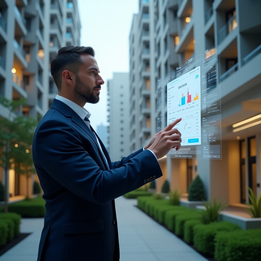 Ultra-realistic condominium manager in a tailored navy suit, set in a modern luxury condominium environment with high-rise buildings and manicured green landscaping, mid shot of the manager confidently interacting with a floating holographic interface displaying a condominium management app dashboard with charts and icons, cinematic lighting, shallow depth of field, highly detailed textures, realistic skin, photographic realism, 8k resolution --ar 1:1 --v 6