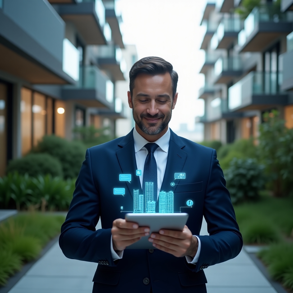 (Ultra-realistic condominium manager in a tailored navy blue suit, set in a modern luxury condominium environment with high-rise buildings and lush green landscaping, medium shot of a confident professional holding a tablet displaying a holographic condominium management app interface, floating icons of buildings, chat bubbles and financial charts symbolizing optimized processes and centralized communication, cinematic lighting, shallow depth of field, highly detailed textures, realistic skin, photographic realism, 8k resolution --ar 1:1 --v 6)
