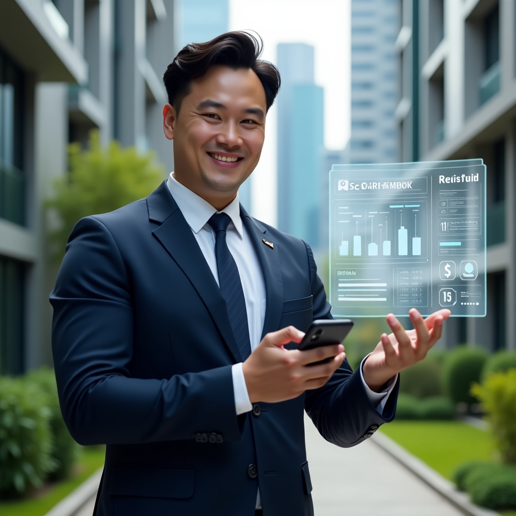 Ultra-realistic condominium manager wearing a sleek navy business suit, set in a modern luxury condominium environment with high-rise buildings and lush green landscaping, holding a smartphone and gesturing toward a floating holographic dashboard displaying financial charts, reservation calendar and chat icons, confident and relaxed expression, cinematic lighting, shallow depth of field, highly detailed textures, realistic skin, photographic realism, 8k resolution --ar 1:1 --v 6