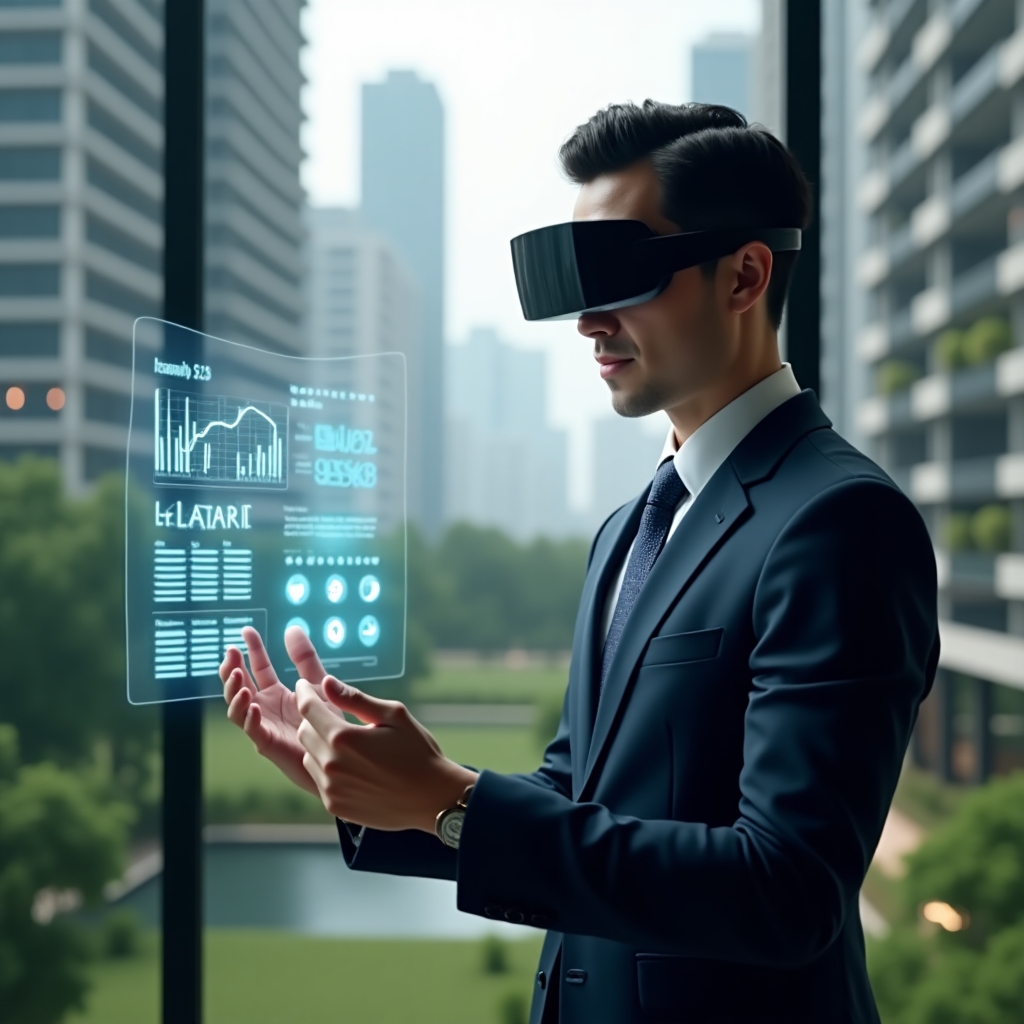 Ultra-realistic condominium manager in a tailored navy blue suit, set in a modern luxury condominium environment with high-rise buildings and well-manicured green landscaping, confidently interacting with a holographic interface displaying financial charts, message icons and reservation calendars, cinematic lighting, shallow depth of field, highly detailed textures, realistic skin, photographic realism, 8k resolution --ar 1:1 --v 6