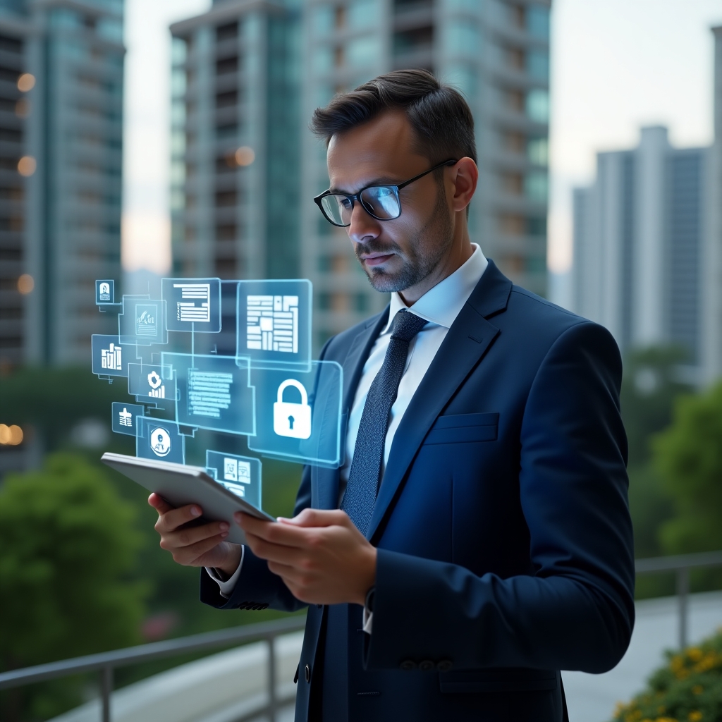 Ultra-realistic condominium manager in a navy blue executive suit, set in a modern luxury condominium environment with high-rise buildings and meticulously landscaped greenery, holding a tablet displaying a condominium management app interface, surrounded by floating holographic icons of charts, chat bubbles and a security padlock, confidently analyzing data, cinematic lighting, shallow depth of field, highly detailed textures, realistic skin, photographic realism, 8k resolution --ar 1:1 --v 6