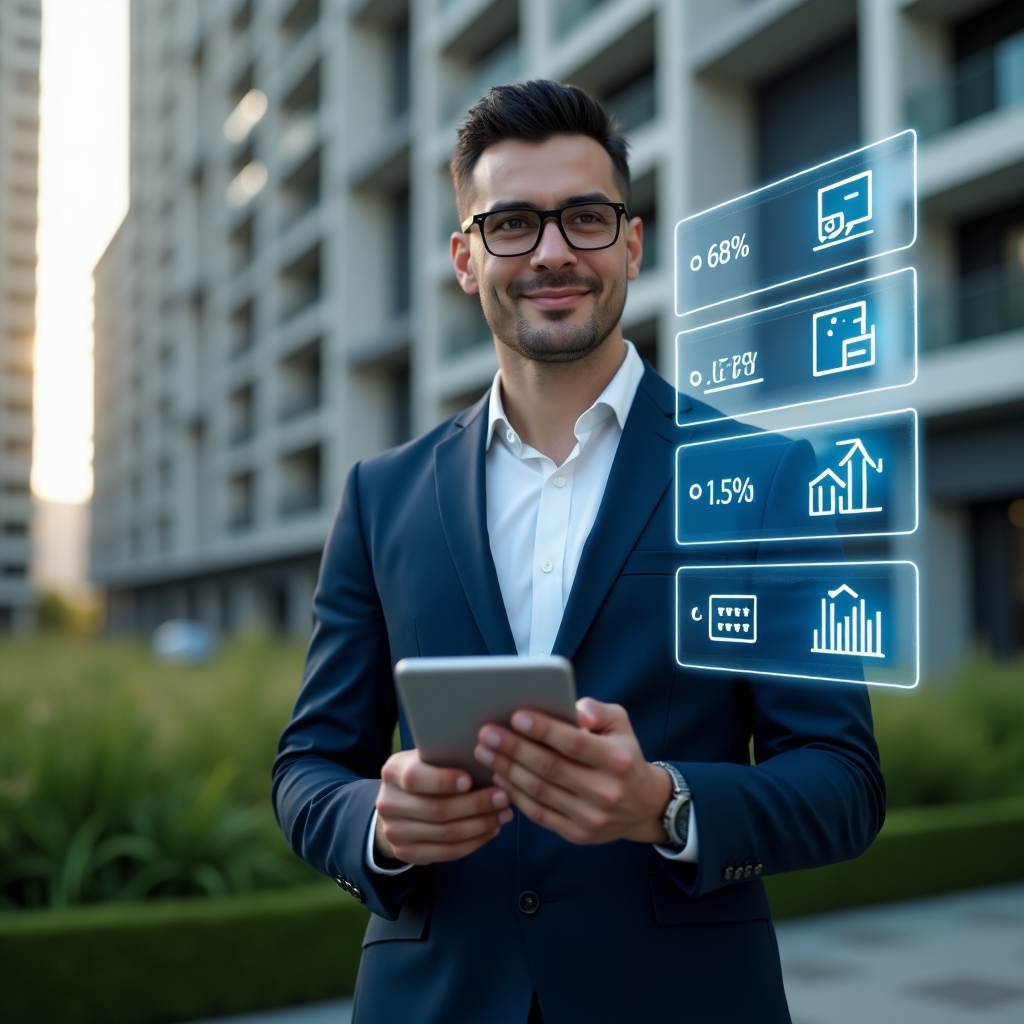 (Ultra-realistic modern condominium manager in a navy blue business suit, set in a modern luxury condominium environment with high-rise buildings and lush green landscaping, holding a tablet and interacting with a holographic dashboard displaying chat icons, task lists, and cost graphs, conveying confidence and efficiency, cinematic lighting, shallow depth of field, highly detailed textures, realistic skin, photographic realism, 8k resolution --ar 1:1 --v 6)