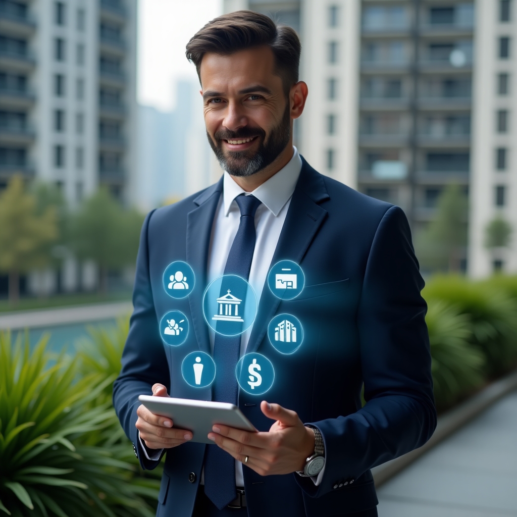 (Ultra-realistic condominium manager in a navy business suit, set in a modern luxury condominium environment with high-rise buildings and green landscaping, holding a tablet and interacting with a floating holographic interface of a condo management app showing communication, financial and scheduling icons, confident expression, cinematic lighting, shallow depth of field, highly detailed textures, realistic skin, photographic realism, 8k resolution --ar 1:1 --v 6)