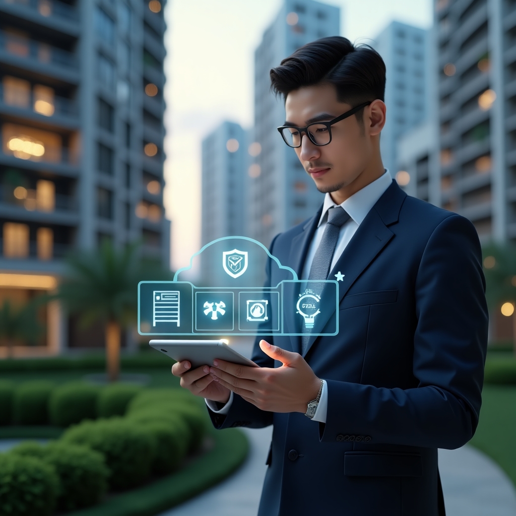 (Ultra-realistic condominium manager in a tailored navy business suit, set in a modern luxury condominium environment with sleek high-rise buildings and manicured green landscaping, confidently interacting with a digital tablet displaying a sophisticated condominium management app interface with floating holographic icons for billing, communication, and maintenance, cinematic lighting, shallow depth of field, highly detailed textures, realistic skin, photographic realism, 8k resolution --ar 1:1 --v 6)