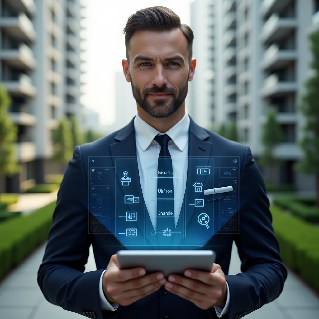 Ultra-realistic condominium manager in a navy blue suit, set in a modern luxury condominium environment with high-rise buildings and well-maintained green landscaping, holding a tablet displaying a holographic condominium management dashboard with icons for communication, finances, and tasks, confident expression, cinematic lighting, shallow depth of field, highly detailed textures, realistic skin, photographic realism, 8k resolution --ar 1:1 --v 6