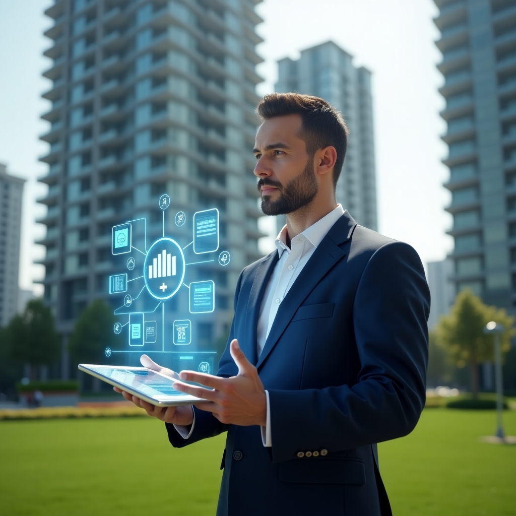 Ultra-realistic professional condominium manager in a tailored navy blue suit, set in a modern luxury condominium environment with high-rise glass towers and manicured green lawns, mid-shot holding a transparent tablet projecting holographic financial charts, chat bubbles and calendar icons, confident expression as they analyze the digital interface, cinematic lighting, shallow depth of field, highly detailed textures, realistic skin, photographic realism, 8k resolution --ar 1:1 --v 6