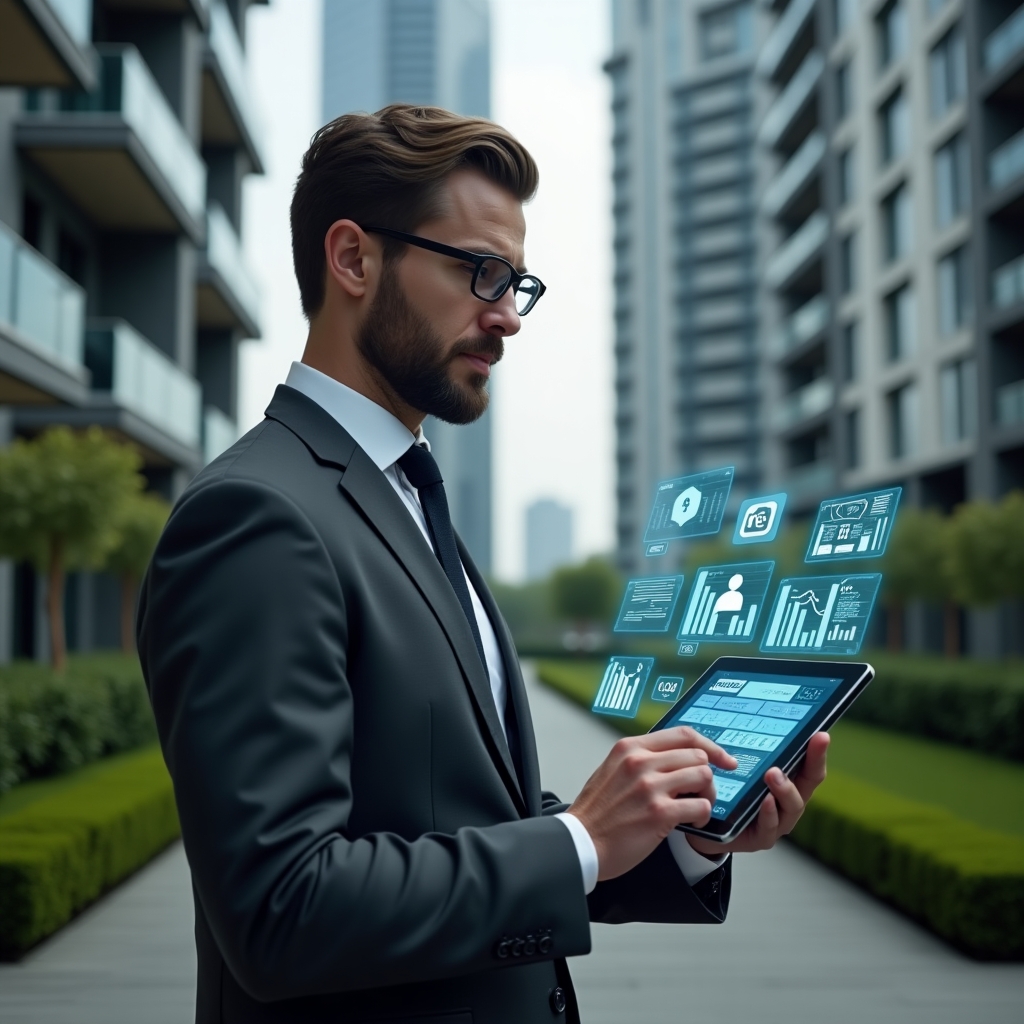 (Ultra-realistic condo manager in a charcoal gray suit, set in a modern luxury condominium environment with high-rise glass buildings and manicured green landscaping, holding a sleek tablet projecting a holographic dashboard with financial graphs, chat bubbles and security icons, confidently reviewing data, cinematic lighting, shallow depth of field, highly detailed textures, realistic skin, photographic realism, 8k resolution --ar 1:1 --v 6)