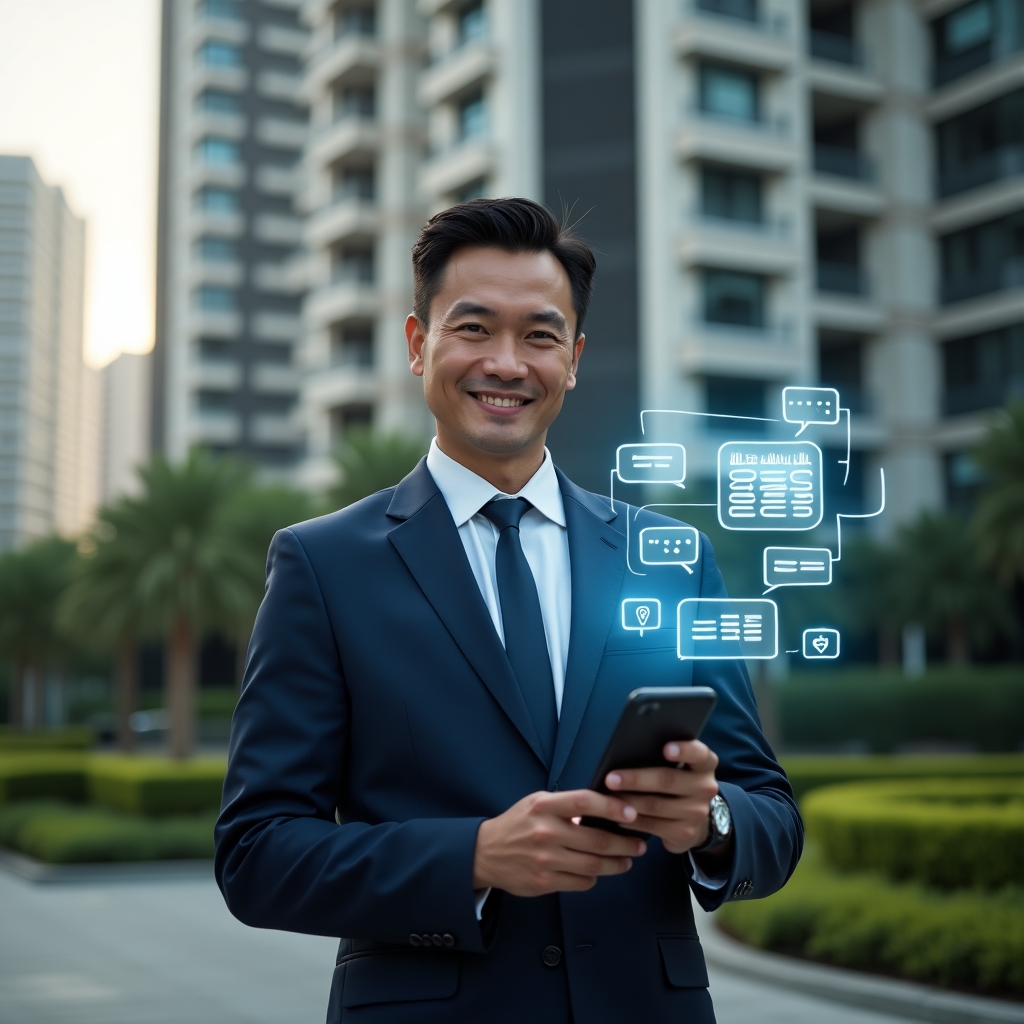 (Ultra-realistic condominium manager in a dark blue tailored suit, set in a modern luxury condominium environment with high-rise buildings and lush green landscaping, medium shot holding a smartphone projecting a holographic condominium management app interface with chat bubbles, reservation calendar and security shield icons, confident and engaged expression, cinematic lighting, shallow depth of field, highly detailed textures, realistic skin, photographic realism, 8k resolution --ar 1:1 --v 6)