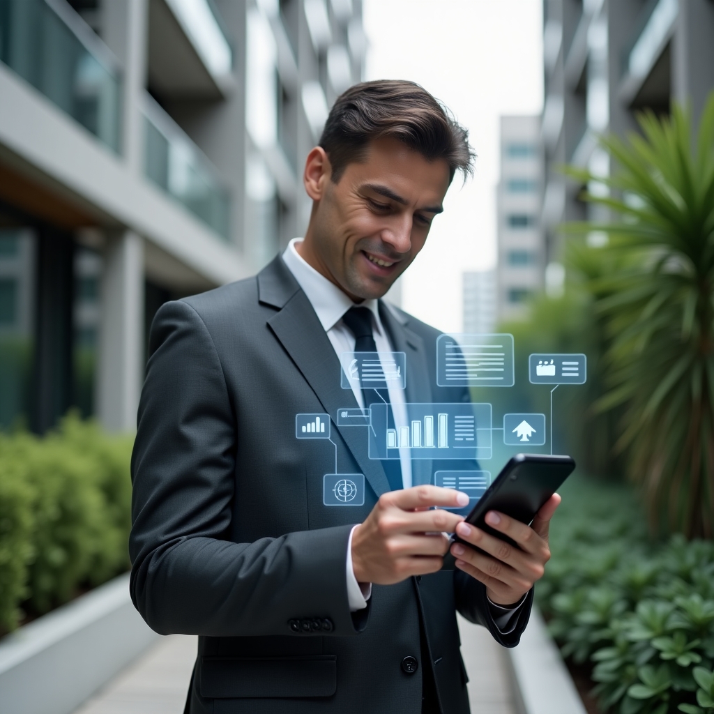 Ultra-realistic property manager in a charcoal gray business suit, set in a modern luxury condominium environment with high-rise buildings and lush green landscaping, checking a floating holographic condominium management app interface above a smartphone—showcasing chat bubbles, financial graphs and calendar icons—confident and approachable expression, cinematic lighting, shallow depth of field, highly detailed textures, realistic skin, photographic realism, 8k resolution --ar 1:1 --v 6