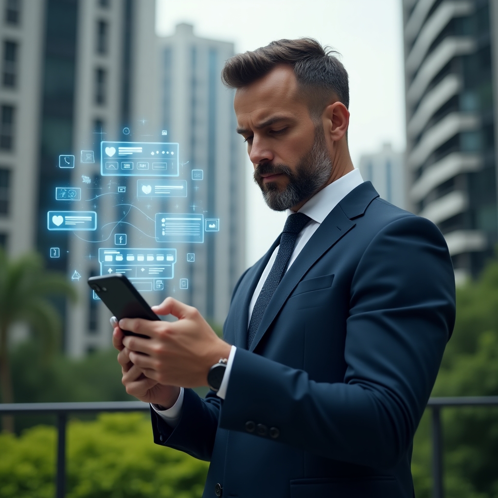 (Ultra-realistic condominium manager in a tailored navy-blue suit, set in a modern luxury condominium environment with high-rise buildings and lush green landscaping, mid-shot interacting with a smartphone, a floating holographic condominium management app interface displaying chat bubbles, calendar and analytics charts, confident and focused expression, cinematic lighting, shallow depth of field, highly detailed textures, realistic skin, photographic realism, 8k resolution --ar 1:1 --v 6)