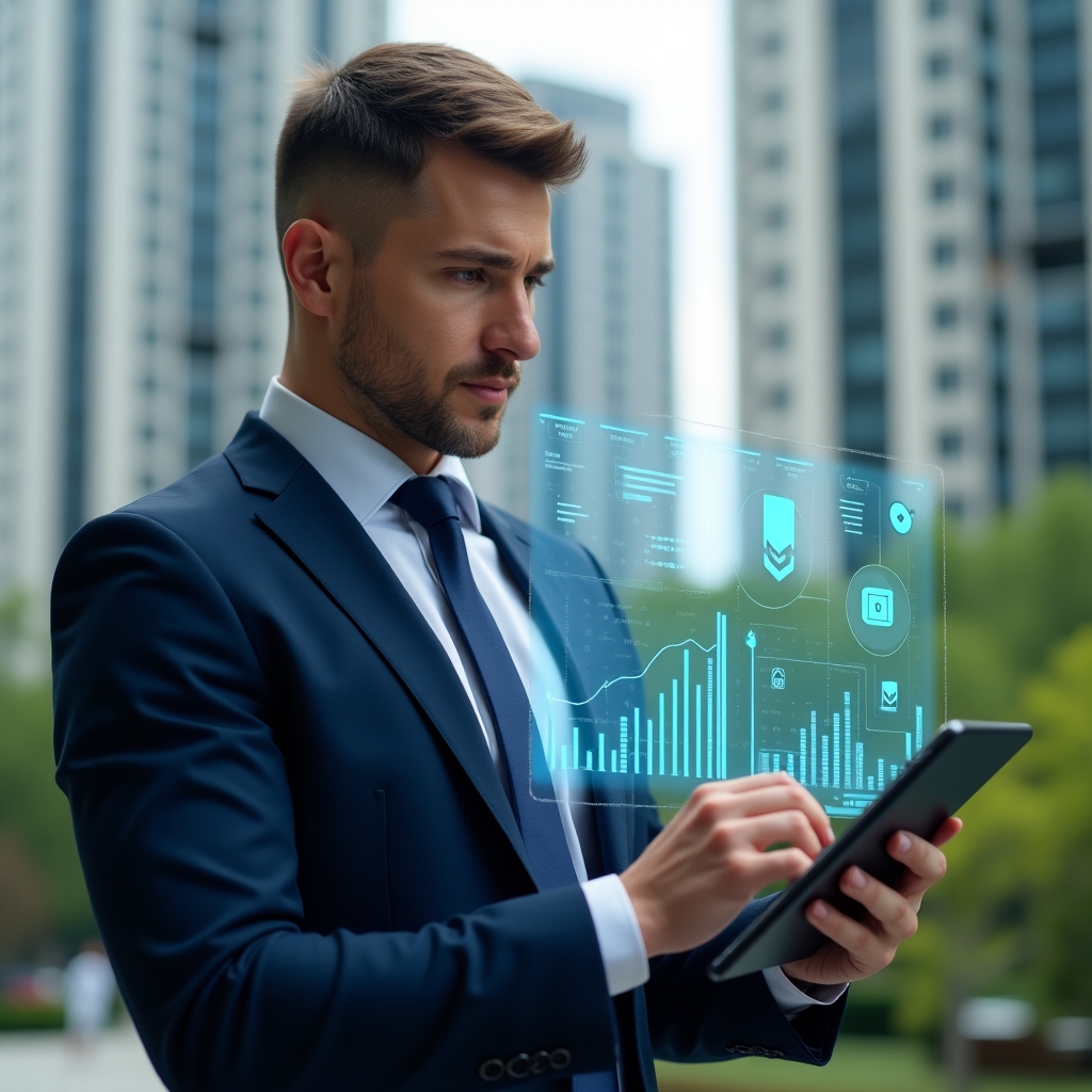 (Ultra-realistic condominium manager in a navy blue executive suit, set in a modern luxury condominium environment with high-rise buildings and lush green landscaping, interacting with a floating holographic dashboard on a tablet displaying financial charts, chat bubbles, and security shield icons, confident and focused expression, cinematic lighting, shallow depth of field, highly detailed textures, realistic skin, photographic realism, 8k resolution --ar 1:1 --v 6)