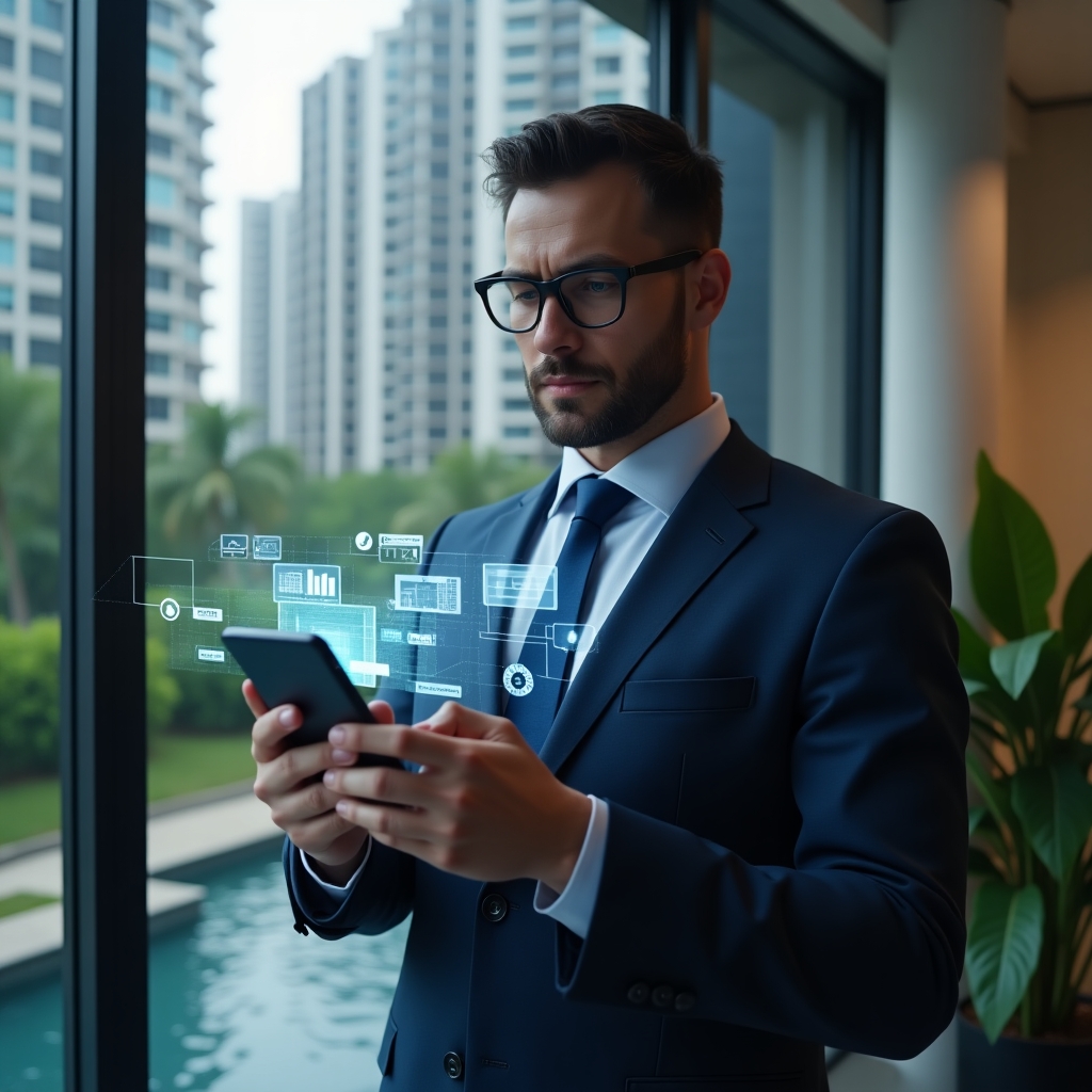 (Ultra-realistic condominium manager in a navy executive suit, set in a modern luxury condominium environment with high-rise buildings and lush green landscaping, holding a smartphone projecting holographic icons of financial charts, communication bubbles and detailed reports, confidently analyzing data, cinematic lighting, shallow depth of field, highly detailed textures, realistic skin, photographic realism, 8k resolution --ar 1:1 --v 6)