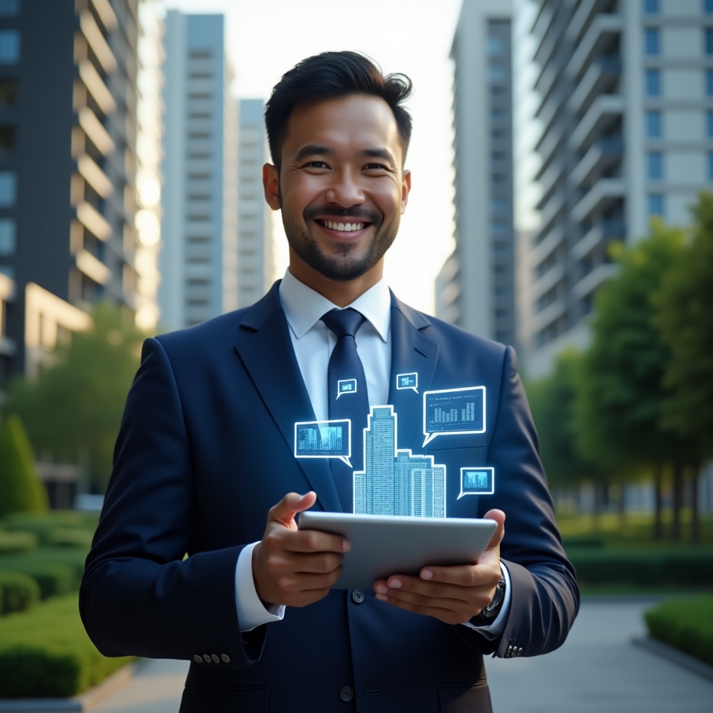 (Ultra-realistic condominium manager in a navy blue executive suit, set in a modern luxury condominium environment with high-rise buildings and lush green landscaping, holding a tablet displaying a holographic condominium management app interface with floating icons of buildings, chat bubbles, and financial charts, confident and engaged expression, cinematic lighting, shallow depth of field, highly detailed textures, realistic skin, photographic realism, 8k resolution --ar 1:1 --v 6)
