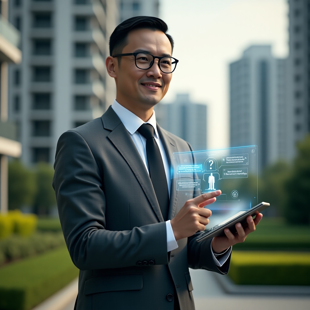 Ultra-realistic condominium manager in a charcoal gray tailored suit, set in a modern luxury condominium environment with high-rise buildings and manicured green landscaping, medium shot, confidently holding a transparent tablet projecting a holographic app interface with task lists, maintenance icons and chat bubbles, cinematic lighting, shallow depth of field, highly detailed textures, realistic skin, photographic realism, 8k resolution --ar 1:1 --v 6