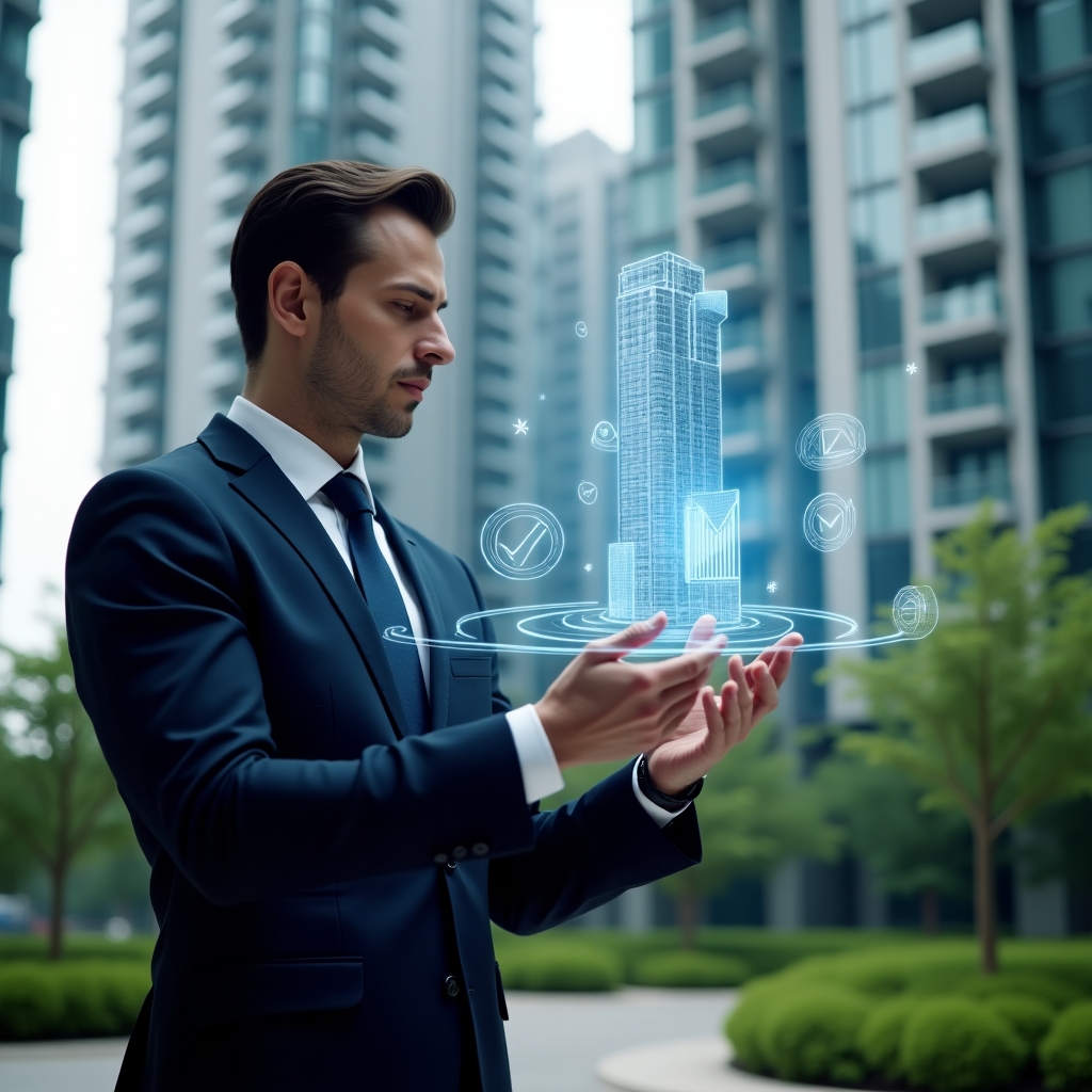 (Ultra-realistic condominium manager in a tailored navy suit, set in a modern luxury condominium environment with high-rise glass towers and manicured green landscaping, mid-shot analyzing a holographic interface displaying cost-saving graphs and task-tracking icons, confident and focused expression, futuristic floating building and checkmark symbols, cinematic lighting, shallow depth of field, highly detailed textures, realistic skin, photographic realism, 8k resolution --ar 1:1 --v 6)