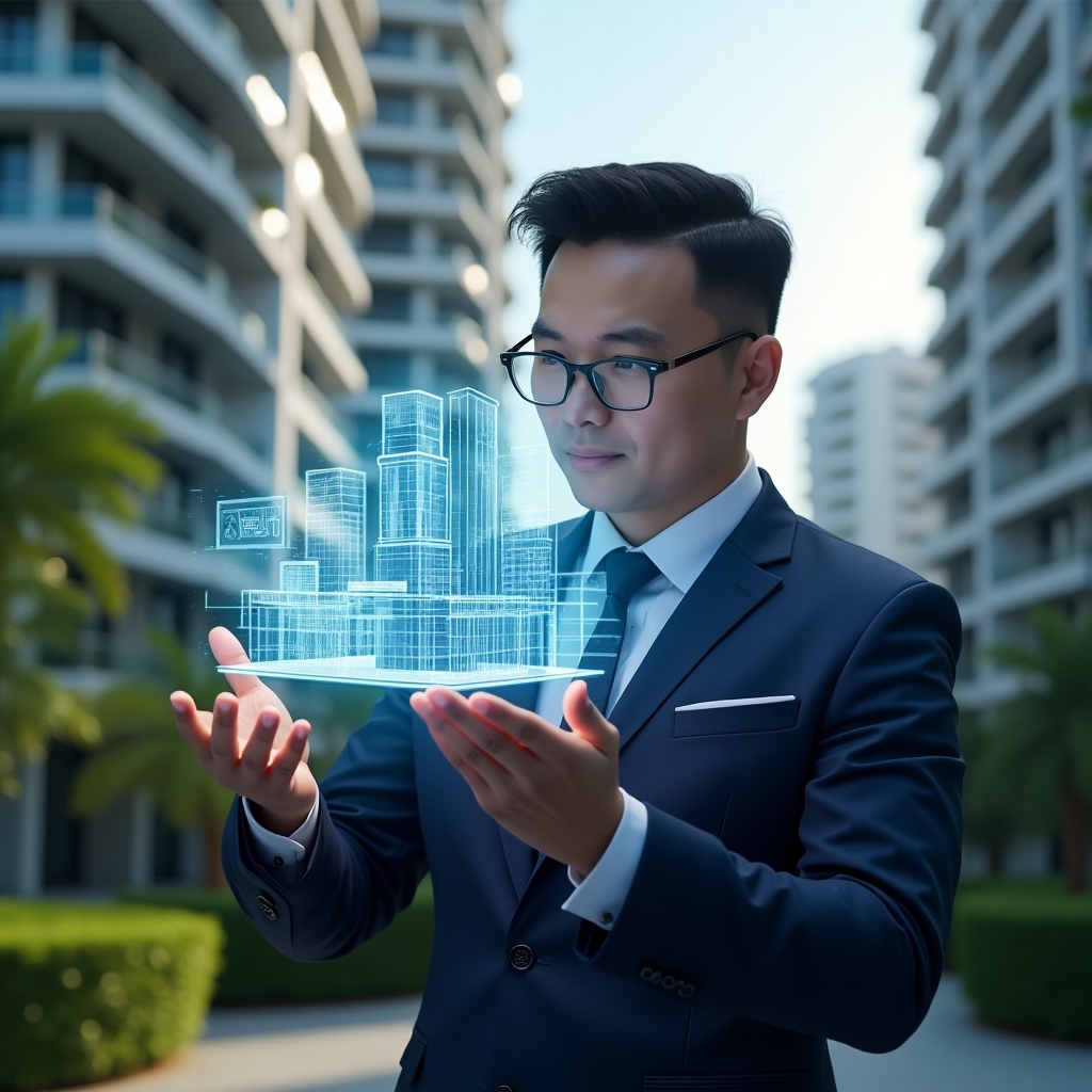 Ultra-realistic property manager in a dark blue suit, set in a modern luxury condominium environment with high-rise buildings and lush green landscaping, interacting with a glowing holographic 3D building model and floating IoT sensor and smart lock icons, confidently analyzing virtual data panels, cinematic lighting, shallow depth of field, highly detailed textures, realistic skin, photographic realism, 8k resolution --ar 1:1 --v 6