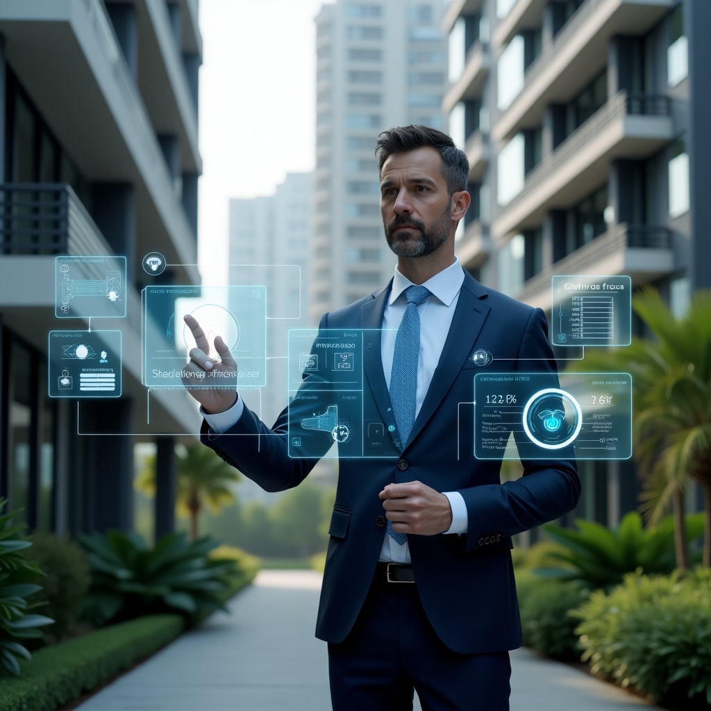 Ultra-realistic property manager in a dark blue suit, set in a modern luxury condominium environment with high-rise buildings and lush green landscaping, confidently interacting with a holographic smart building interface displaying security camera feeds, climate control icons and energy efficiency graphs, cinematic lighting, shallow depth of field, highly detailed textures, realistic skin, photographic realism, 8k resolution --ar 1:1 --v 6