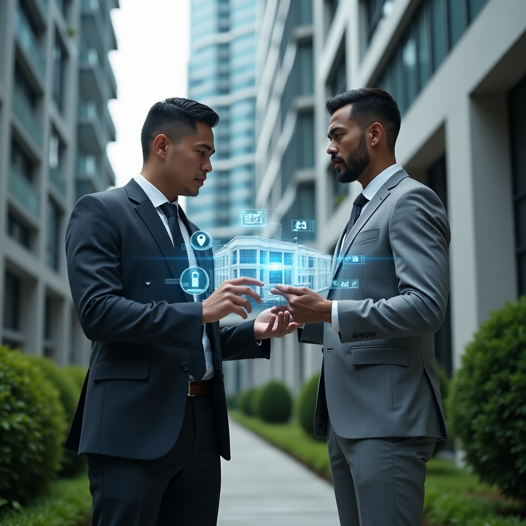 (Ultra-realistic property manager in a sleek gray executive suit, set in a modern luxury condominium environment with glass high-rise buildings and manicured green landscaping, medium shot with the manager confidently interacting with a transparent holographic control panel showing smart lighting, access and security icons, a floating futuristic condo model beside them, cinematic lighting, shallow depth of field, highly detailed textures, realistic skin, photographic realism, 8k resolution --ar 1:1 --v 6)