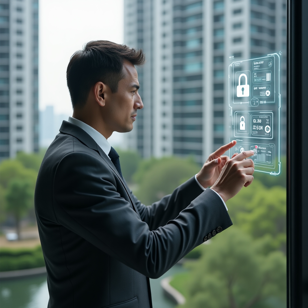 (Ultra-realistic property manager in a charcoal gray suit, set in a modern luxury condominium environment with high-rise buildings and green landscaping, reaching out to adjust a holographic automation dashboard showing icons for energy consumption, security lock, and temperature control, confident visionary expression, cinematic lighting, shallow depth of field, highly detailed textures, realistic skin, photographic realism, 8k resolution --ar 1:1 --v 6)