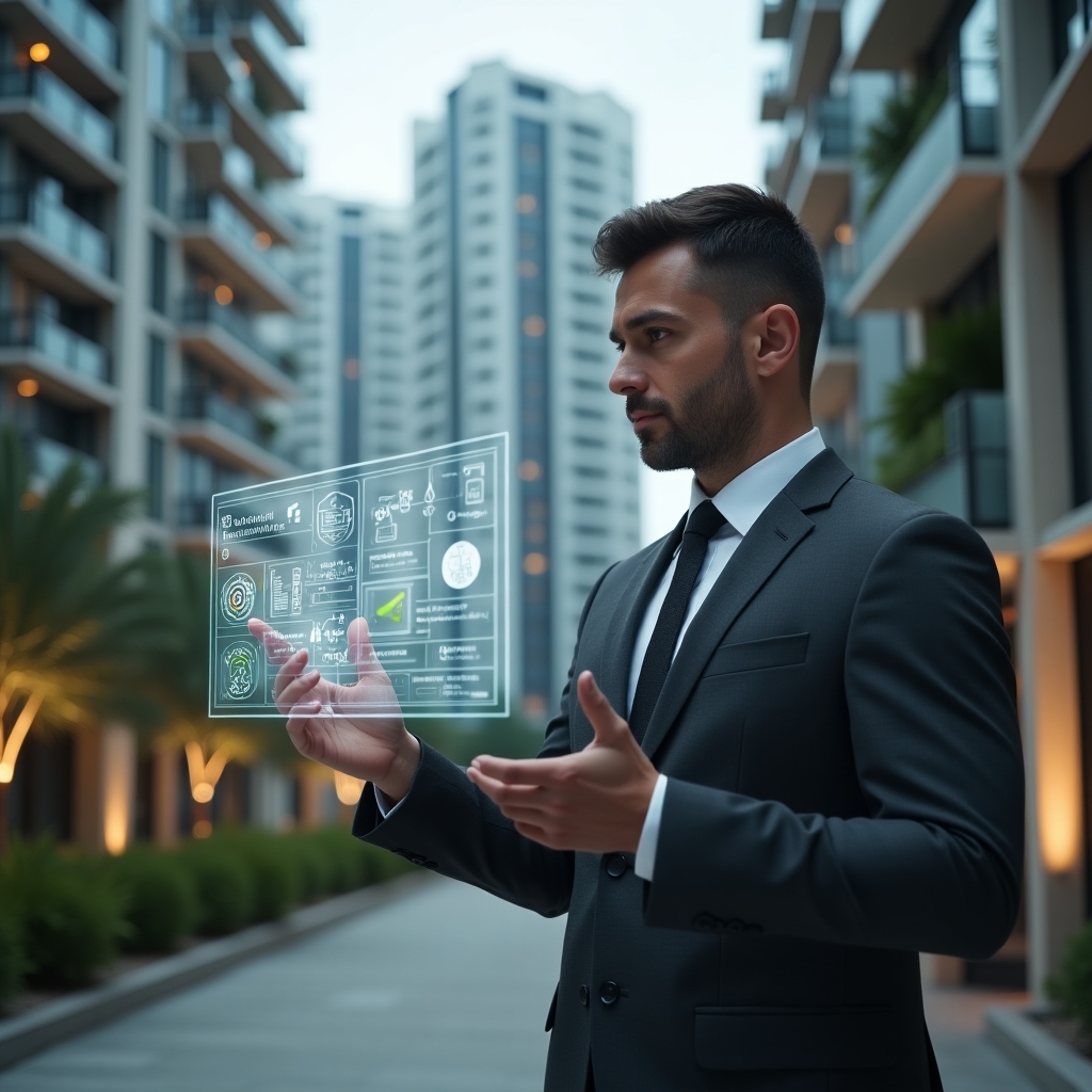 (Ultra-realistic condominium manager in a dark gray tailored suit, set in a modern luxury condominium environment with high-rise buildings and lush landscaping, medium shot of the manager confidently interacting with a floating holographic interface displaying building automation controls and icons for energy efficiency, security, and communication, futuristic yet professional mood, cinematic lighting, shallow depth of field, highly detailed textures, realistic skin, photographic realism, 8k resolution --ar 1:1 --v 6)