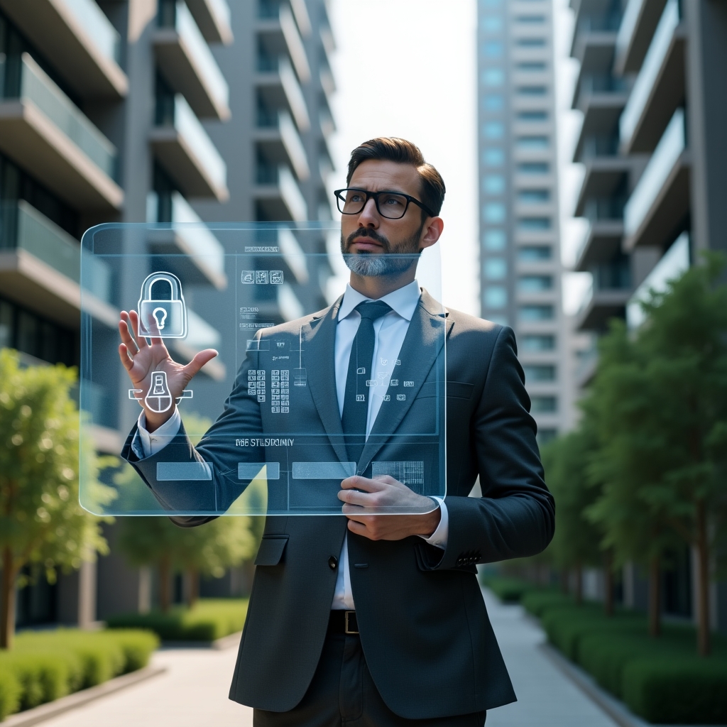 Ultra-realistic condominium manager in a sleek charcoal gray suit, set in a modern luxury condominium environment with high-rise buildings and green landscaping, gesturing toward a translucent holographic blueprint of automated building systems with floating icons of locks, gears, and energy gauges, confident and visionary expression, cinematic lighting, shallow depth of field, highly detailed textures, realistic skin, photographic realism, 8k resolution --ar 1:1 --v 6