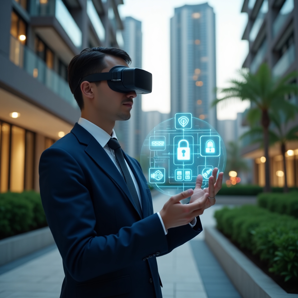 (Ultra-realistic condominium manager in a tailored navy business suit, set in a modern luxury condominium environment with high-rise buildings and lush green landscaping, medium shot of the manager confidently interacting with a holographic 3D interface displaying automated lighting controls, security camera feeds and digital access icons, inspiring and futuristic atmosphere, cinematic lighting, shallow depth of field, highly detailed textures, realistic skin, photographic realism, 8k resolution --ar 1:1 --v 6)