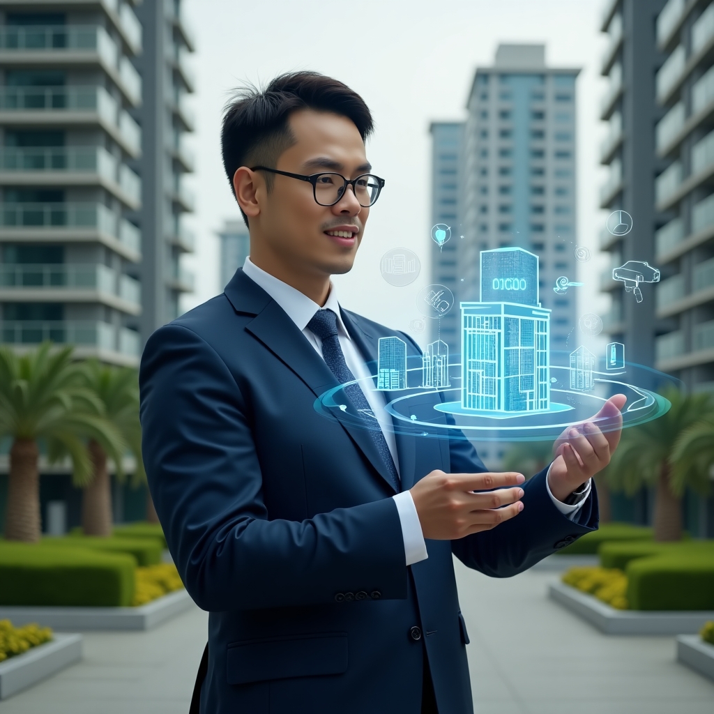 (Ultra-realistic condominium facility manager in a navy blue tailored suit, set in a modern luxury condominium environment with high-rise buildings and lush green landscaping, mid shot, confidently interacting with a floating holographic interface showing energy consumption graphs and security camera feeds, holographic building blueprint and energy-saving icons orbiting around, cinematic lighting, shallow depth of field, highly detailed textures, realistic skin, photographic realism, 8k resolution --ar 1:1 --v 6)