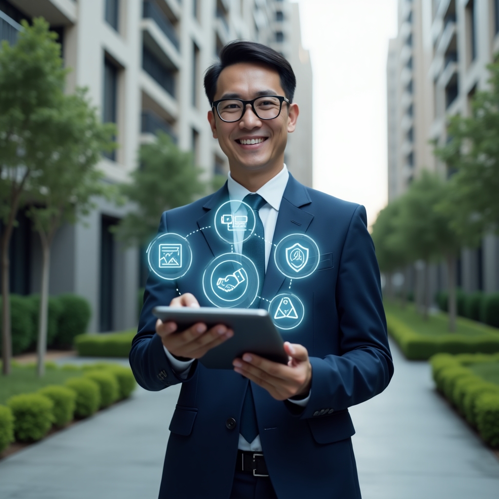 Ultra-realistic condominium manager in a navy blue suit, set in a modern luxury condominium environment with high-rise buildings and lush green landscaping, holding a transparent tablet displaying floating holographic icons of community rules and handshake symbols, smiling confidently as if guiding residents, cinematic lighting, shallow depth of field, highly detailed textures, realistic skin, photographic realism, 8k resolution --ar 1:1 --v 6