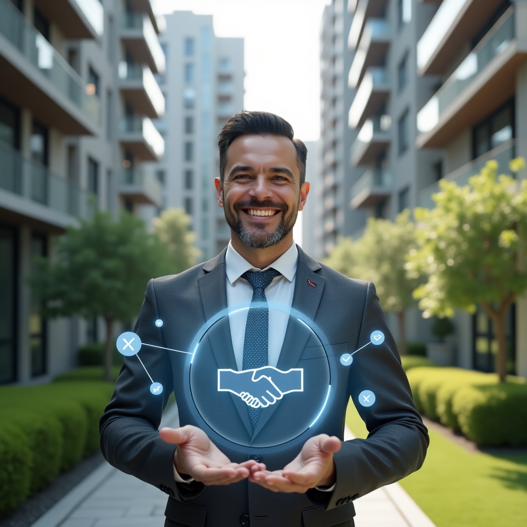 Ultra-realistic condominium manager in a charcoal gray tailored suit, set in a modern luxury condominium environment with high-rise buildings and lush green landscaping, mid shot of the manager smiling and holding a transparent holographic interface showing checkmarks, handshake icons and chat bubbles representing community harmony, cinematic lighting, shallow depth of field, highly detailed textures, realistic skin, photographic realism, 8k resolution --ar 1:1 --v 6