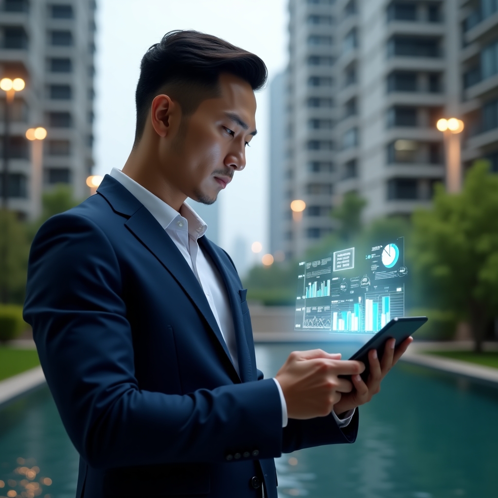 (Ultra-realistic condominium manager in a navy blue suit, set in a modern luxury condominium environment with high-rise buildings and meticulously landscaped greenery, reviewing a digital tablet displaying a detailed financial checklist with floating holographic pie charts and bar graphs, confidently analyzing data with a focused expression, cinematic lighting, shallow depth of field, highly detailed textures, realistic skin, photographic realism, 8k resolution --ar 1:1 --v 6)