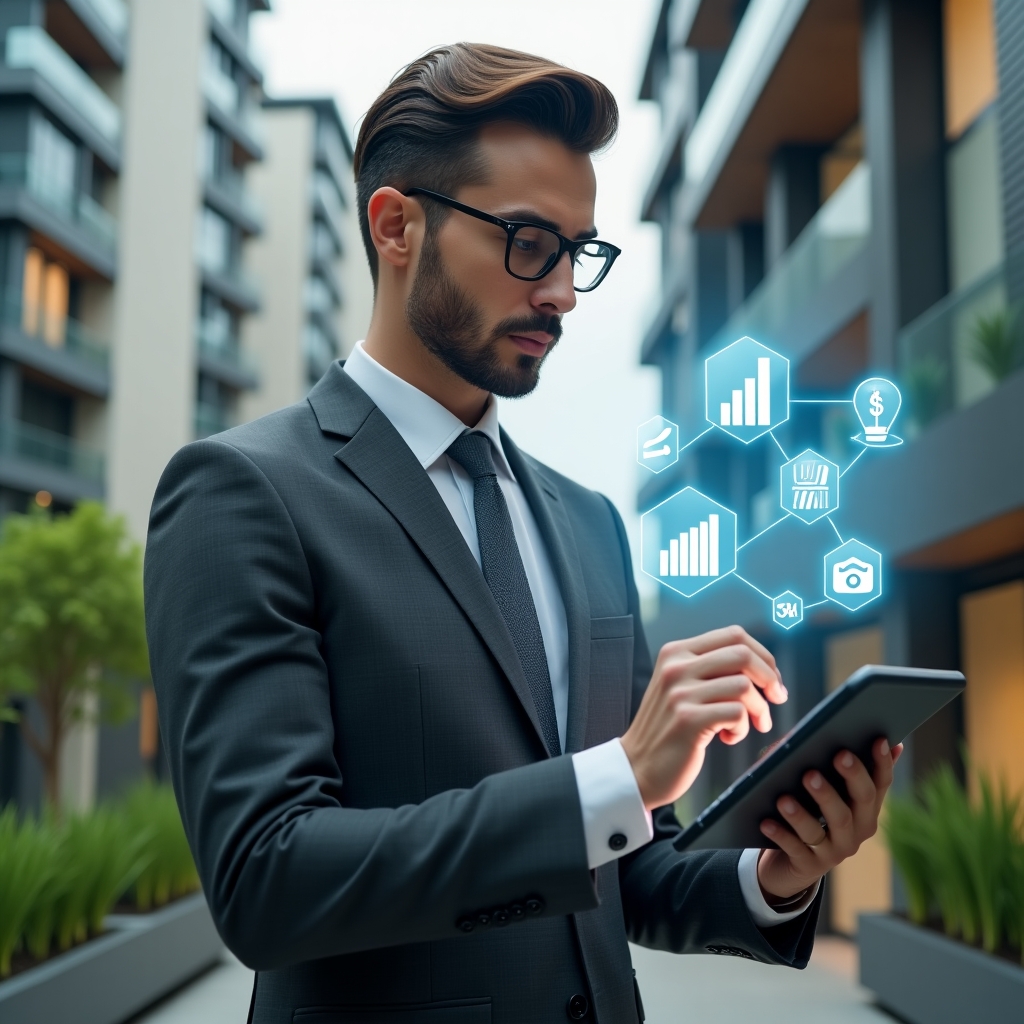 Ultra-realistic condominium manager in a tailored charcoal gray suit, set in a modern luxury condominium environment with high-rise buildings and lush green landscaping, confidently ticking off items on a floating digital checklist hologram projected from a tablet, with thematic icons of finance graphs, maintenance tools and communication bubbles, cinematic lighting, shallow depth of field, highly detailed textures, realistic skin, photographic realism, 8k resolution --ar 1:1 --v 6